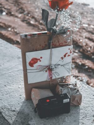 Close-up of a romantic gift set with a red rose, vintage camera, and wrapped items outdoors.